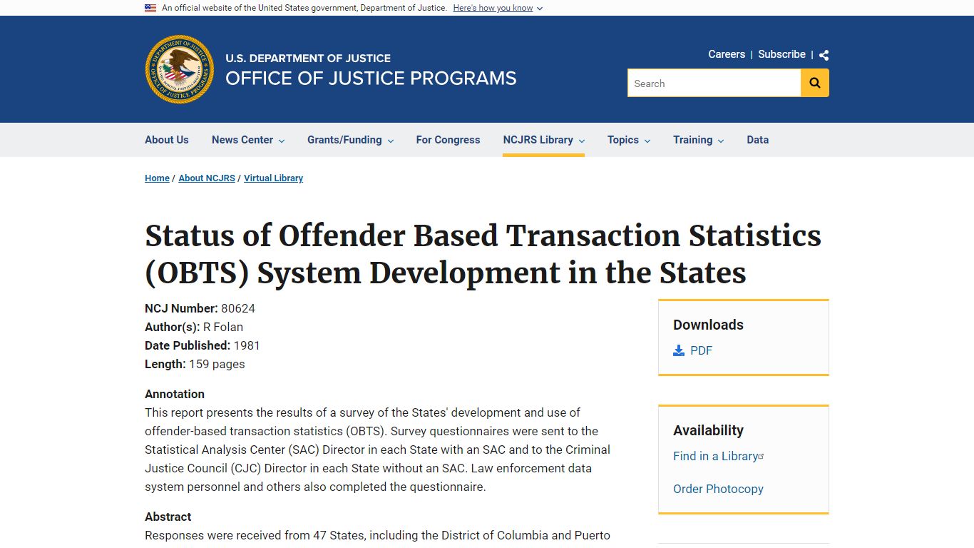 Status of Offender Based Transaction Statistics (OBTS) System ...